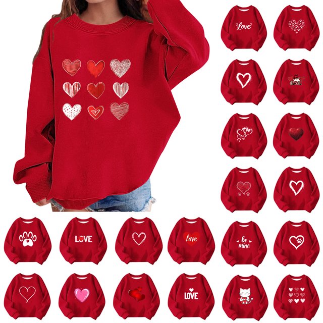 MKOSPLRT Chandail à Cœur Rouge pour Filles, Chandail de la Saint-Valentin, Chandails Graphiques d'Amour, Manches Longues, Col Ras du Cou, Hauts de Chandail d'Automne 1-13 Ans