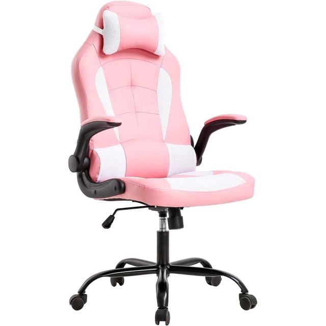 FDW PC Gaming Chair, Ergonomic PU Leather Executive Swivel Rolling chair in pink, featuring lumbar support, flip-up arms, headrest, and rocking backrest. Designed for adults with adjustable height, BIFIMA-certified sturdy base, and rolling casters. Ideal for gaming or office use.