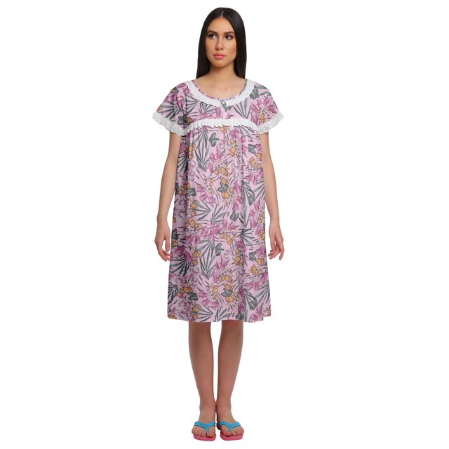 Moomaya Chemise de Nuit d'Allaitement pour Femmes à Col Rond Imprimée en Popeline de Coton