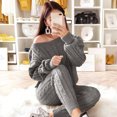 thumbnail image 2 of Pompotops Womens Solid Color Off Shoulder Long Sleeve Cable Knitted Warm Two-Piece Long Pants Sweater Suit Set, 2 of 6