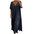 thumbnail image 2 of Fshaion Robe d'Été pour Femmes 2024 Grande Taille Coton Lin Couleur Unie Ample Col en V Manches Courtes Robe Liquidation à Moins de 10!, 2 of 7
