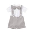 thumbnail image 1 of XZNGL Toddler Baby Boys Summer Solid Color Bow Printed Romper + Suspenders Suit, 1 of 9