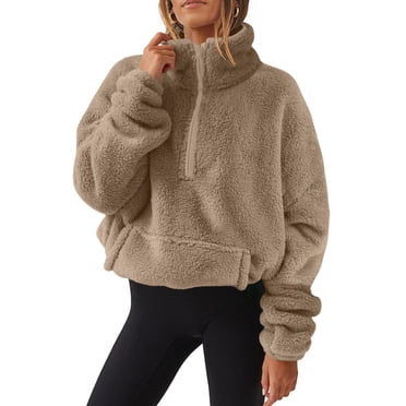 Plebaso Chandails Molletonnés Sherpa à Demi-Glissière en Peluche pour Femmes, Coupe Ample, Hauts Chauds pour Femmes avec Poche