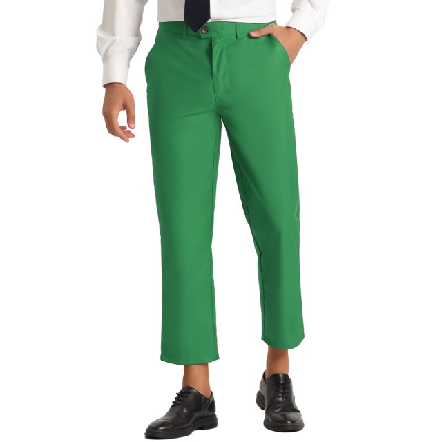 INSPIRE CHIC Pantalon pour Hommes, Couleur Unie, Longueur à la Cheville, devant Plat, en Taille 28 et Couleur Verte. Ces Pantalons Habillés pour Hommes Présentent une Taille à devant Plat, un Ourlet Longueur à la Cheville et un design Vert Uni. Fabriqués en Tissu Lisse et Confortable, Ils Conviennent au Travail, aux Bals, aux Fêtes Ou aux Sorties Décontractées. les Pantalons Sont Habillés d'Une Chemise Blanche et de Chaussures Habillées Noires, Mettant en Valeur un Style CHIC Décontracté.