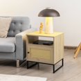 thumbnail image 4 of Gymax Table de Chevet 2 Pcs avec Armoire Table d'Appoint en Bois Bout de Canapé Porte Décorée en Rotin Chêne, 4 of 10