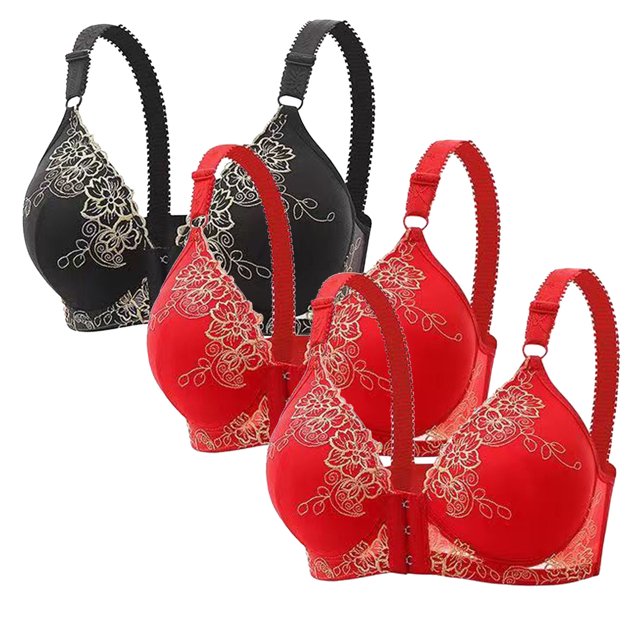 fheaev 3Pc Front Close Bras for Women Plus Size Wirefree Support Posture No Underwire Full Coverage Bra Adjustable Shoulder Strap Comfort Push Up Lace Breathable Front Buckle Open Everyday Bras