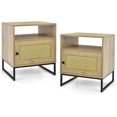 thumbnail image 1 of Gymax Table de Chevet 2 Pcs avec Armoire Table d'Appoint en Bois Bout de Canapé Porte Décorée en Rotin Chêne, 1 of 10
