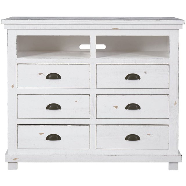 Progressive Furniture Willow 6 Wood Drawer Media Chest in Distressed White