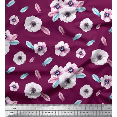 Soimoi Pink Georgette Viscose Fabric Feathers & Anemone Floral Print Fabric by the Yard 42 Inch Wide