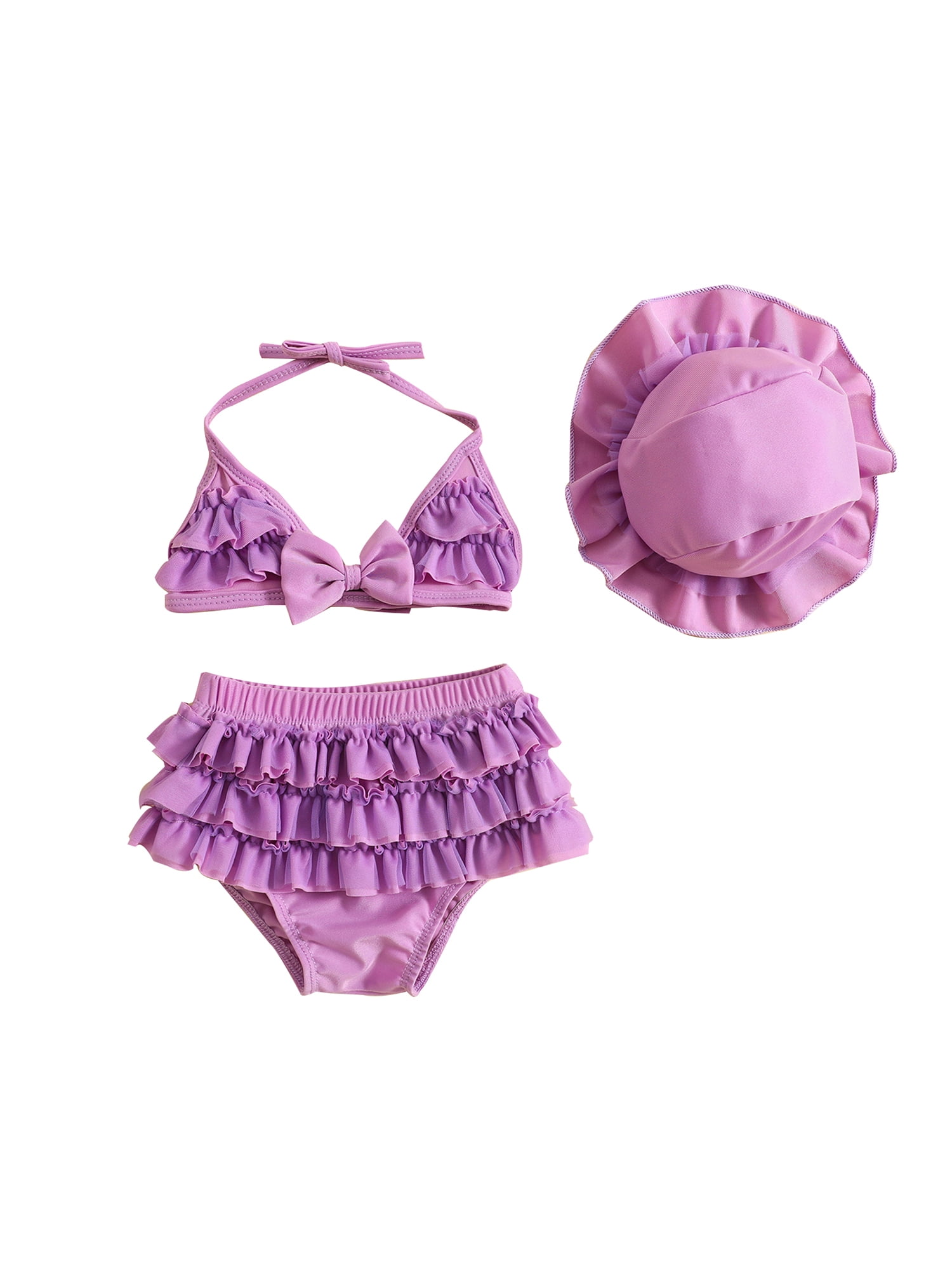 Gupgi 3Pcs Baby Girl Bikini Set 6 12 18 24 Months Infant Solid Color Swimsuits Halter Triangle Tops+Ruffle Bottoms+Sun Hat Bathing Suit Swimwear