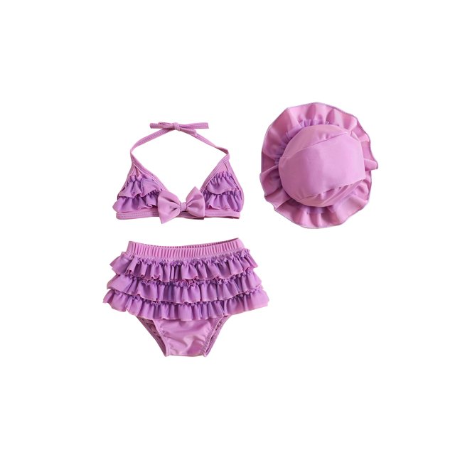 Gupgi 3Pcs Baby Girl Bikini Set 6 12 18 24 Months Infant Solid Color Swimsuits Halter Triangle Tops+Ruffle Bottoms+Sun Hat Bathing Suit Swimwear