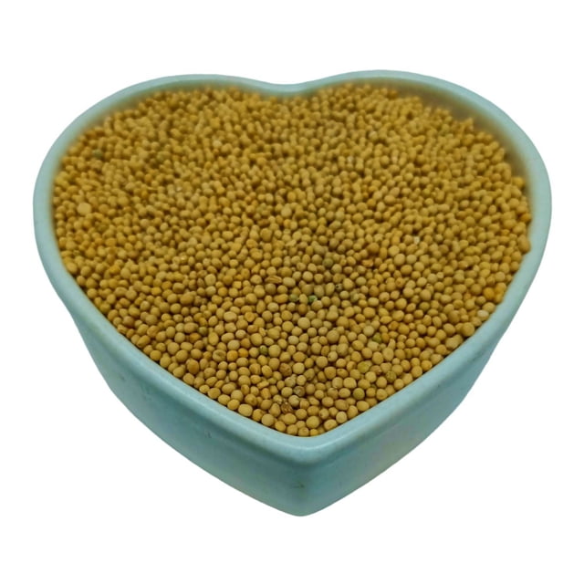 Yellow Mustard Seed Whole Fresh Harvest 2 lbs from Michele's Pantry displayed in a heart-shaped light blue bowl. The seeds are small, round, and golden yellow, filling the bowl completely. Ideal for bulk pantry items and condiments.