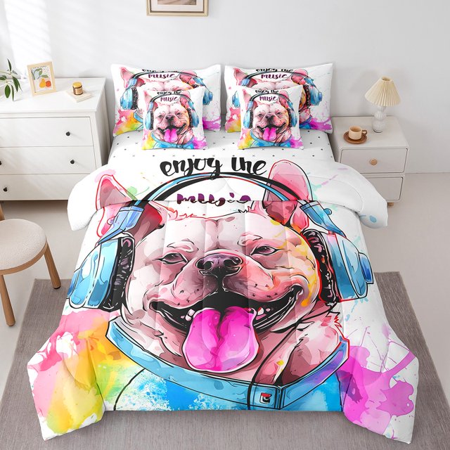 YST Watercolor Pug Dog 7-Piece Comforter Set, King, Cute Animal Musical Theme