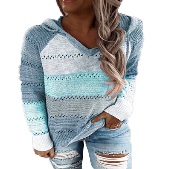 Women‘s Hooded Sweater Rib Knitted Long Sleeve Loose Fitting Pullover with Hood