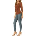thumbnail image 2 of INSPIRE CHIC Women's Button Decor V Neck 3/4 Sleeve Solid Blouse Knitted Ruched Top Brown XS, 2 of 6