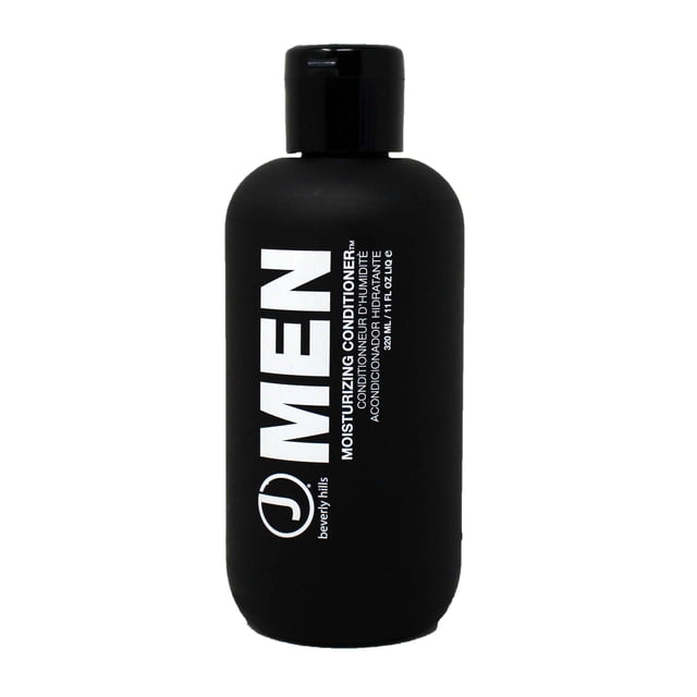 J Beverly Hills Men Moisturizing Conditioner, an 11-ounce black bottle with bold white text showcasing the product name and brand logo. Ideal for hair care, it hydrates and nourishes men's hair for daily use.