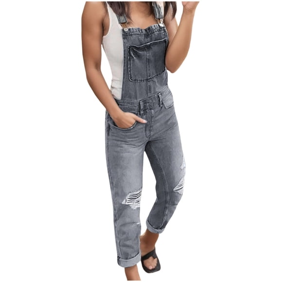 Bmisegm Women's Denim Ripped Overalls, Grey, S