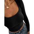 thumbnail image 3 of Fortune T-Shirt Basique pour Femmes à Encolure Dégagée, Manches Longues, Coupe Ajustée, Court, 3 of 8
