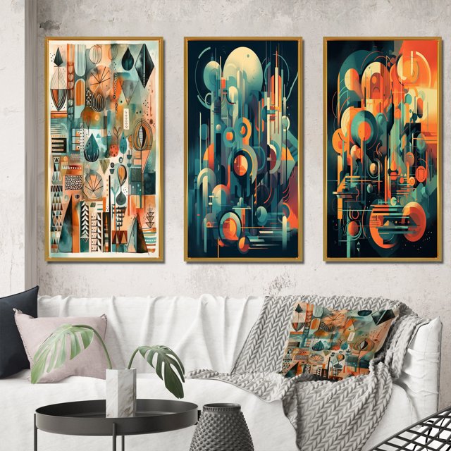 Designart "Mid Century Innovations Green and Orange II" Modern Midcentury Framed Wall Art Set Of 3 - Green Midcentury Frame Canvas Set For Living Room Decor