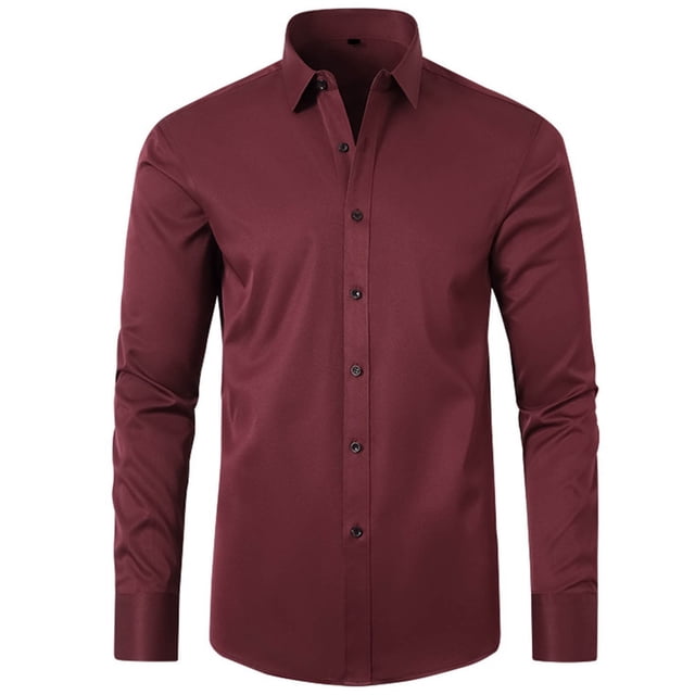 Solid Color Lapel Mens Shirts Fashion Long Sleeve Fitted Button Front Closure Shirts for Men(Wine,M)