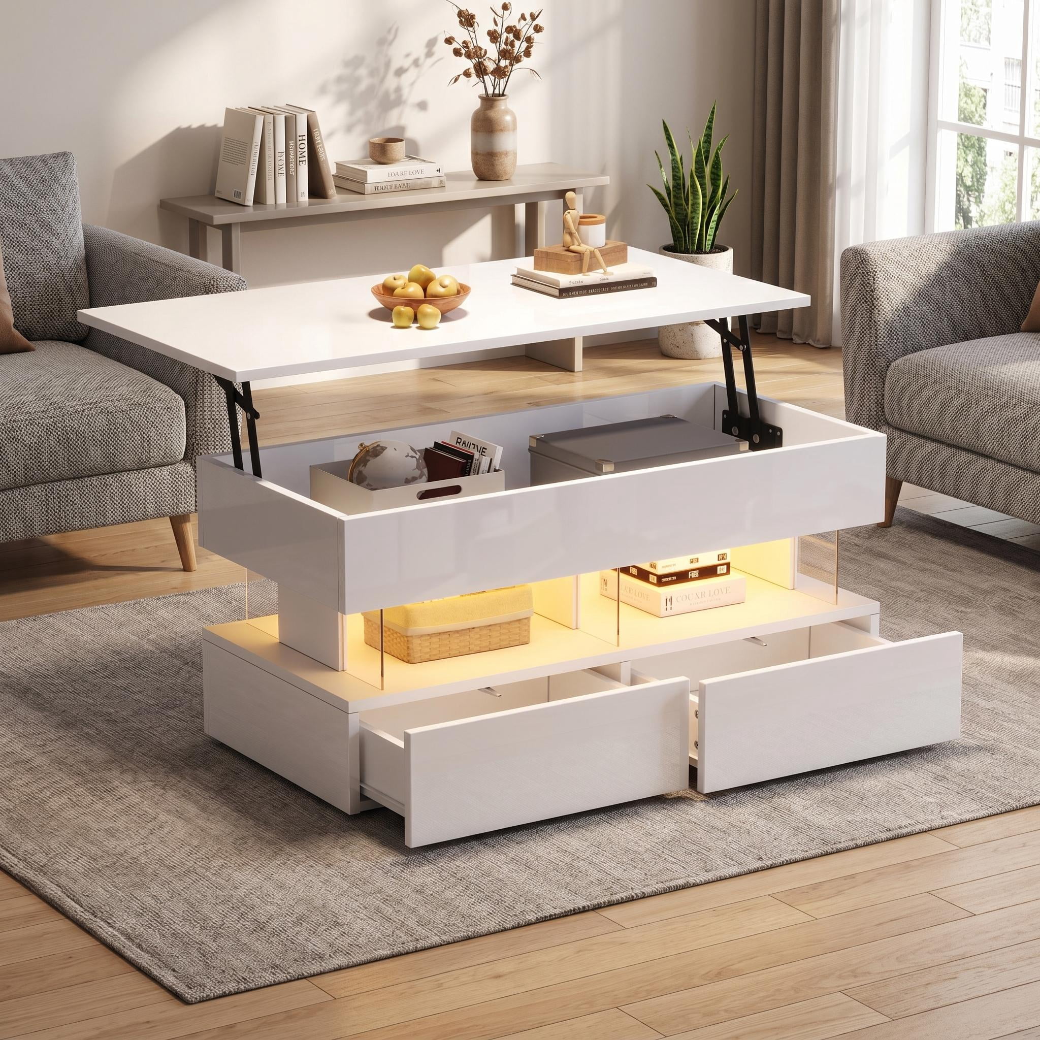 Homy Casa Table Basse Relevable avec 2 Tabourets, Rangement Blanc Brillant DEL