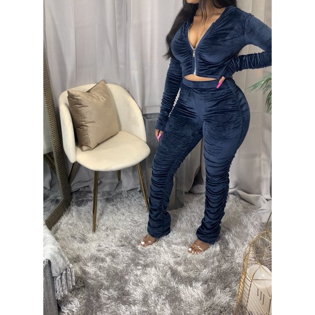Honganda Slim Pleated Zipper Hooded Top and Pants Two-piece Suit