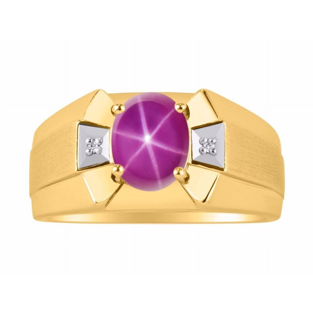 RYLOS Men's Rings 14K Yellow Gold Rings Classic Designer 9X7MM Oval Gemstone & Sparkling Diamond Ring Star Ruby July Birthstone Ring Size 10