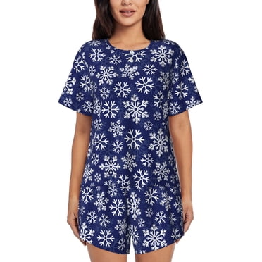 Vsdgher Flocons de Neige sur Motif Bleu Foncé Pyjamas pour Femmes Ensemble de Nuit 2 Pcs Manches Courtes, Ensemble de Pyjamas Doux d'Été Ensemble de Détente Décontracté, 2 Pcs Pj-Petit