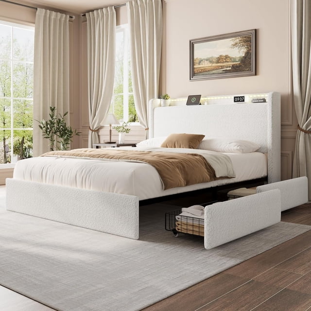 Bingirl Full-Size Boucle Bed Frame featuring LED Lights, Charging Station, 4 Storage Drawers, Storage Headboard, No Box Spring Needed, Easy to Assemble, White