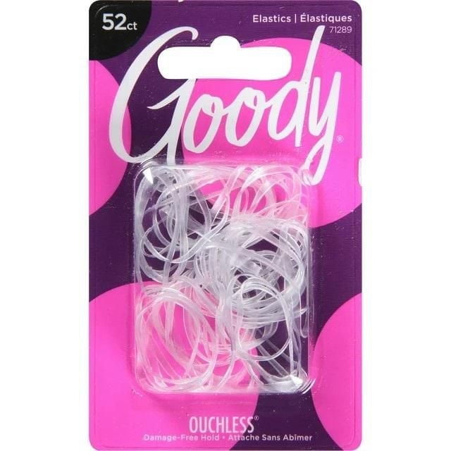 Goody Classic Polyband Clear Elastic Bands - 52CT on a purple and pink card, showing clear polyband elastics designed for damage-free hair styling and secure hold, also suitable as office rubber bands or fasteners.