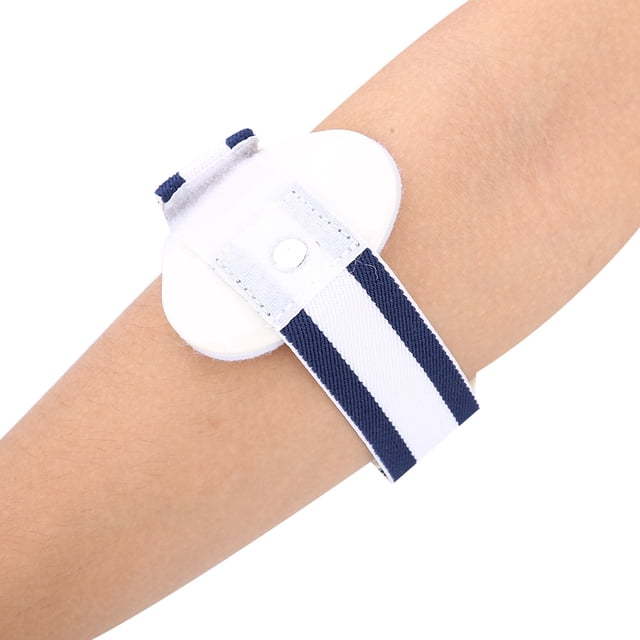 Adjustable Elbow Support Brace for tennis and golfer epicondylitis, shown in a close-up view on an arm. Features a white ergonomic design with a navy blue striped strap and hook-and-loop closure for pressure adjustment. Provides compression to tendons without restricting movement, ideal for repetitive strain injuries, bursitis, muscle strain, and sprains. Available in three sizes for a customized fit.