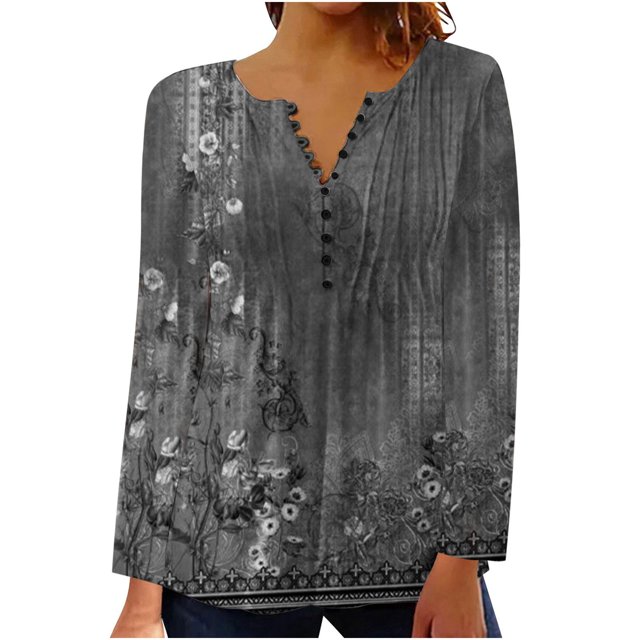 IROINNID T-shirt Oversize pour Femmes Womens Confortable Été Sexy Pli Imprimé Régulier Long Manches Col Rond Bouton Top, Noir