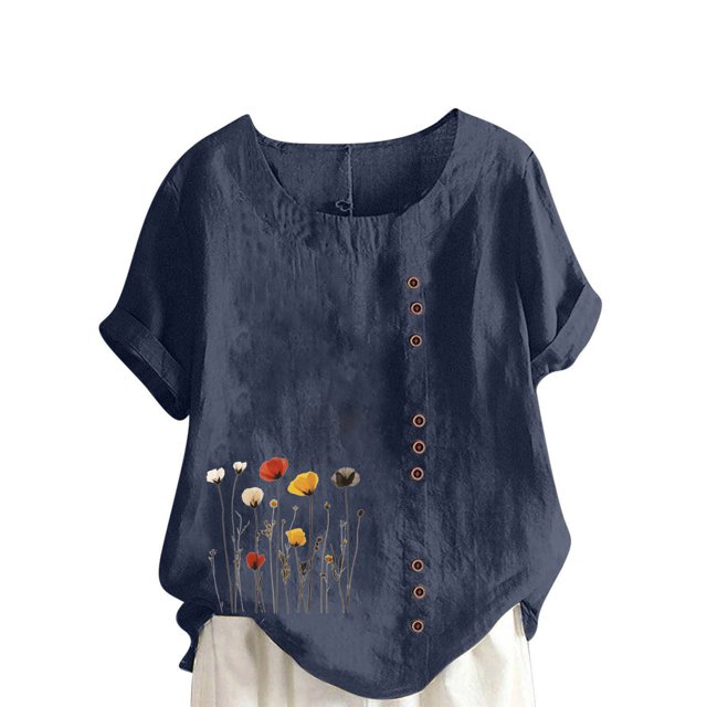 Pisexur Hauts d'Été pour Femmes, Hauts pour Dames, Hauts pour Femmes Décontractés en Lin à Col Rond, Grande Taille, T-shirt Blouse à Manches Courtes Imprimé avec Boutons, Blouses pour Femmes Bleu Marine, 3TG