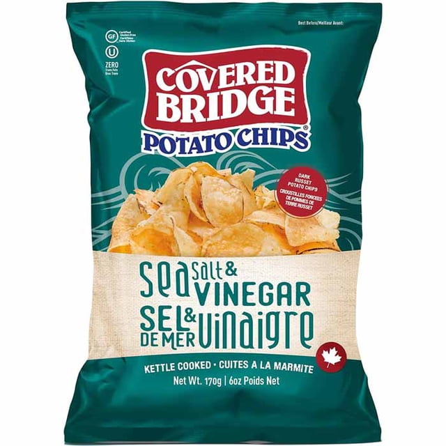 Pont Couvert - Sel de Mer et Vinaigre, Sac de Croustilles Cuites à la Marmite de 170 g Présentant des Croustilles Roux Foncé Visibles sur un Emballage Turquoise et beige avec Texte Bilingue Anglais et Français, Sans Gluten et Fabriqué au Canada, Convient à Toute occasion de Collation.