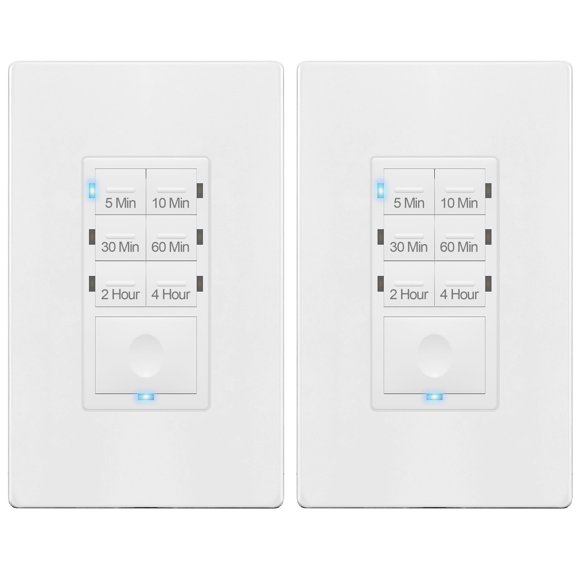 ENERLITES 4-Hour Countdown Timer Switch, 5-10-30-60 Min, 2-4 Hour, for Bathroom Fans, Lights, 120VAC Neutral Wire Required, UL Listed, HET06-W-2PCS, White, 2 Pack