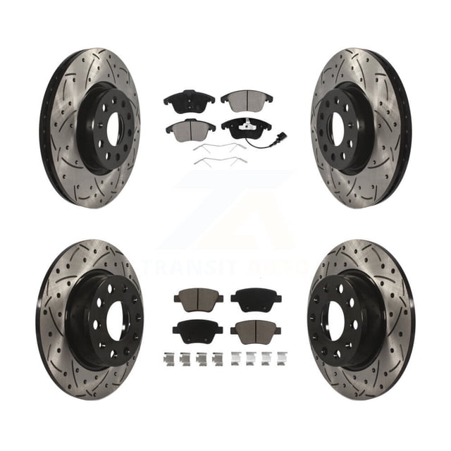 Transit Auto Front Rear Coated Drilled Slotted Disc Brake Rotors and Ceramic Pads Kit for Car 2012-2014 Volkswagen Passat KDC-100296