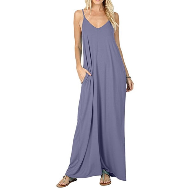 Robe Longue Maxi Boho pour Femme d'Été Sans Manches à Bretelles, Col en V, Style Caftan, Robe Soleil de Couleur Unie Bleue. La Robe Présente une Coupe Ample, Bretelles spaghetti, Encolure en V et Deux Poches Latérales. Fabriquée en modal Doux et Respirant, Elle s'Étend Jusqu'au Sol et Convient aux occasions Décontractées, de Plage Ou de Fête au Printemps, en Été Ou en Automne.