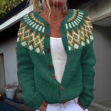 Wiyuqeen Women's Fair Isle Button Down Cardigan Sweater Long Sleeve Crewneck Knit Jacket Coats Lightweight Fall Cardigans