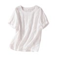 thumbnail image 1 of cfhntfmh Chemises en Lin pour Femmes Coton Mode Manches Courtes T-Shirts Ajourés Décontractés Broderie Col Rond Blouses Hauts, 1 of 3
