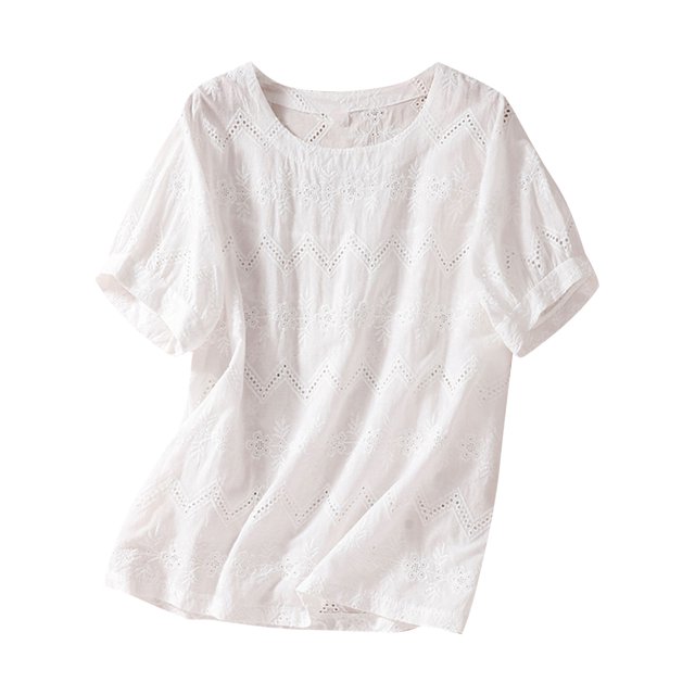 cfhntfmh Chemises en Lin pour Femmes Coton Mode Manches Courtes T-Shirts Ajourés Décontractés Broderie Col Rond Blouses Hauts