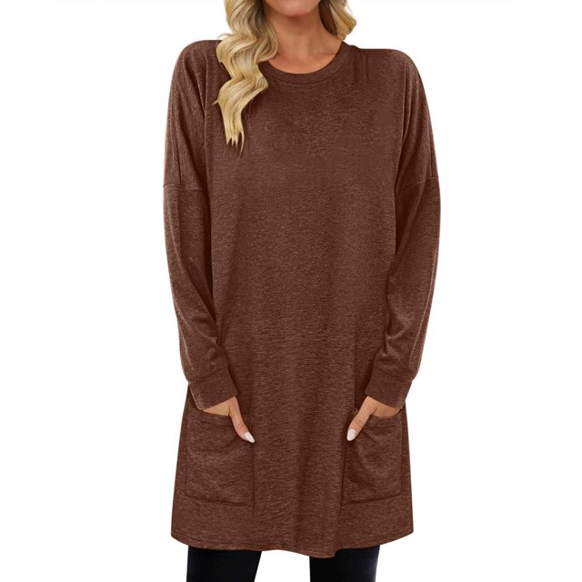 Timegard Women Long Sleeve Tops with Pockets Round Neck Casual Trendy T Shirts Solid Color Comfy Basic Shirts