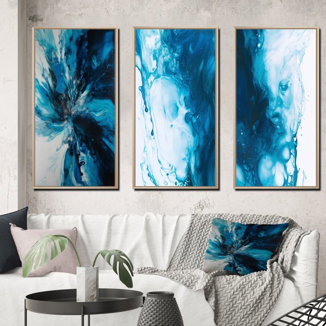 Designart "Blue Onyx Marble Essence" Abstract Framed Wall Art Set Of 3 - Teal Abstract Frame Gallery Wall Set For Home Decor