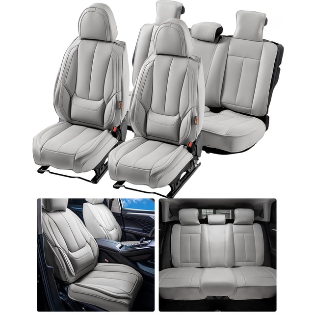 VEVOR Seat Covers, Universal Car Seat Covers Full Set Seats, featuring gray faux leather covers for front and rear seats, including headrests and backrests. Designed for sedans, SUVs, pickups, and trucks, these breathable and dirt-resistant covers are airbag-compatible and easy to install with secure buckles and straps. Built-in storage pockets enhance functionality.