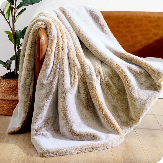 Bare Home Faux Fur Blanket - 47" x 60" - Ultra Soft Fleece - Throw, Variegated Caramel