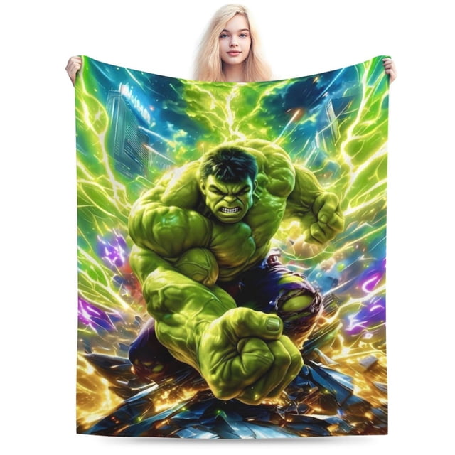 Ultra Soft Throw Plush Green Hulk Bedding Fleece Blanket for Sofa Bed Travel 50"x40". This flannel fleece blanket showcases a bold design of the Hulk in a powerful pose with a vibrant green and yellow energy background. Made of anti-pilling fleece, it is soft, lightweight, and skin-friendly. Ideal for use on sofas, beds, or during travel. Easy to maintain with machine washability.