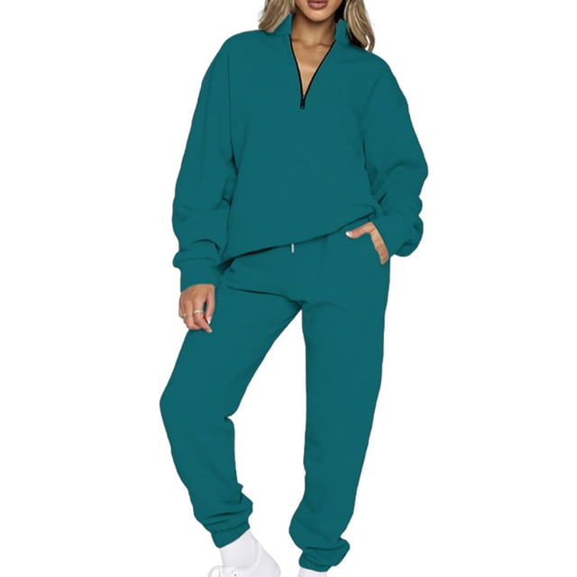 MAWCLOS Women Jogger Sets Long Sleeve Tracksuit Set Solid Color Two Piece Outfit Breathable Sports V Neck Sweatsuits Green M