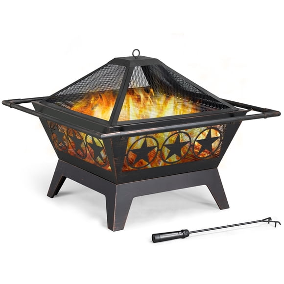 Yaheetech Outdoor Round Iron Fire Pit with Mesh Cover and Grills, Bronze