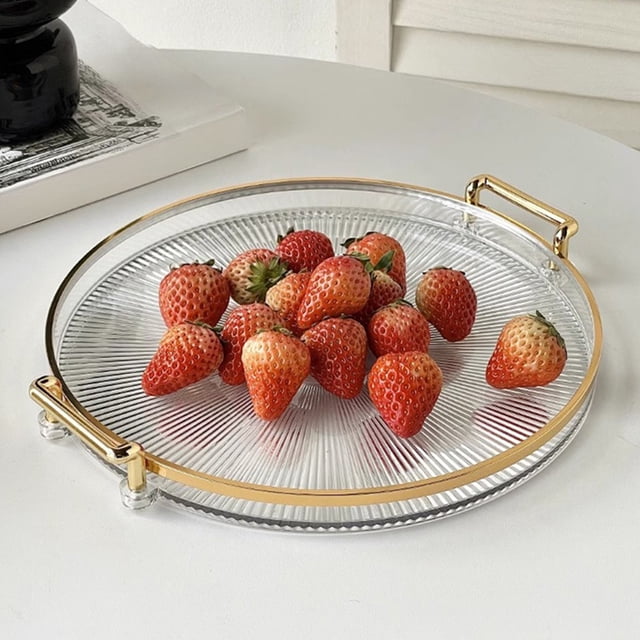 karymi Plateau de Service Rond avec Poignées pour Table Basse de Salon, Plateau de Rangement en Plastique Transparent de 11,73 Po de Diamètre pour Tasses à Thé Collations, Cadeaux d'Anniversaire Transparents Durables Souvenirs de Fête