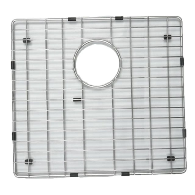 American Imaginations 13-in. W X 13-in. D stainless steel kitchen sink grid in chrome color with square shape and central circular drain cutout, featuring black rubber feet for sink protection, designed for drop-in installation and kitchen sink organization.