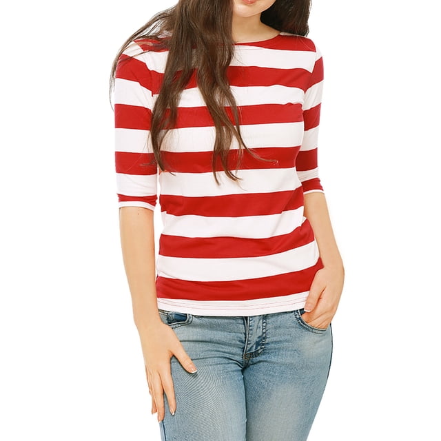 INSPIRE CHIC Chemises à Rayures pour Femmes Coupe Ajustée Manches au Coude T-Shirt à Encolure Bateau TP Rouge